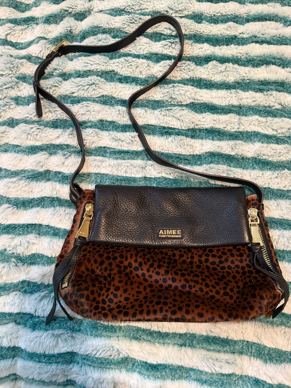 RARE Like New Aimee Kestenberg Black Leather & Leopard Print Bali Crossbody Bag